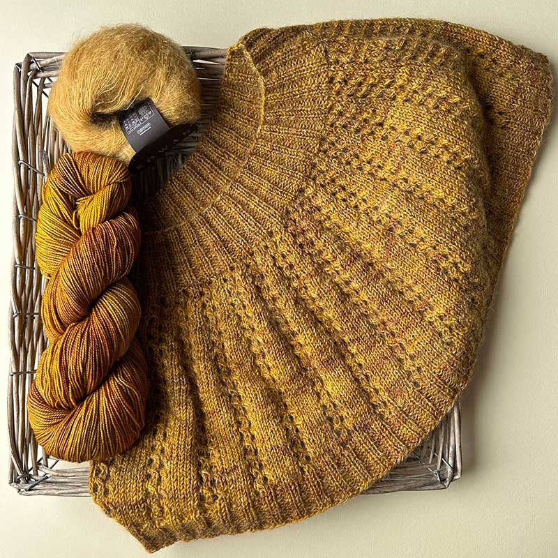 Betwixtmas 2024 Knitted Shoulder Cowl - Gold in Fyberspates Vivacious 4ply & Rowan Kidsilk Haze by Carol Meldrum - Image 3