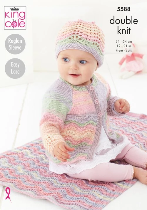 Blanket, Matinee Coat, Cardigan and Hat in King Cole Dk