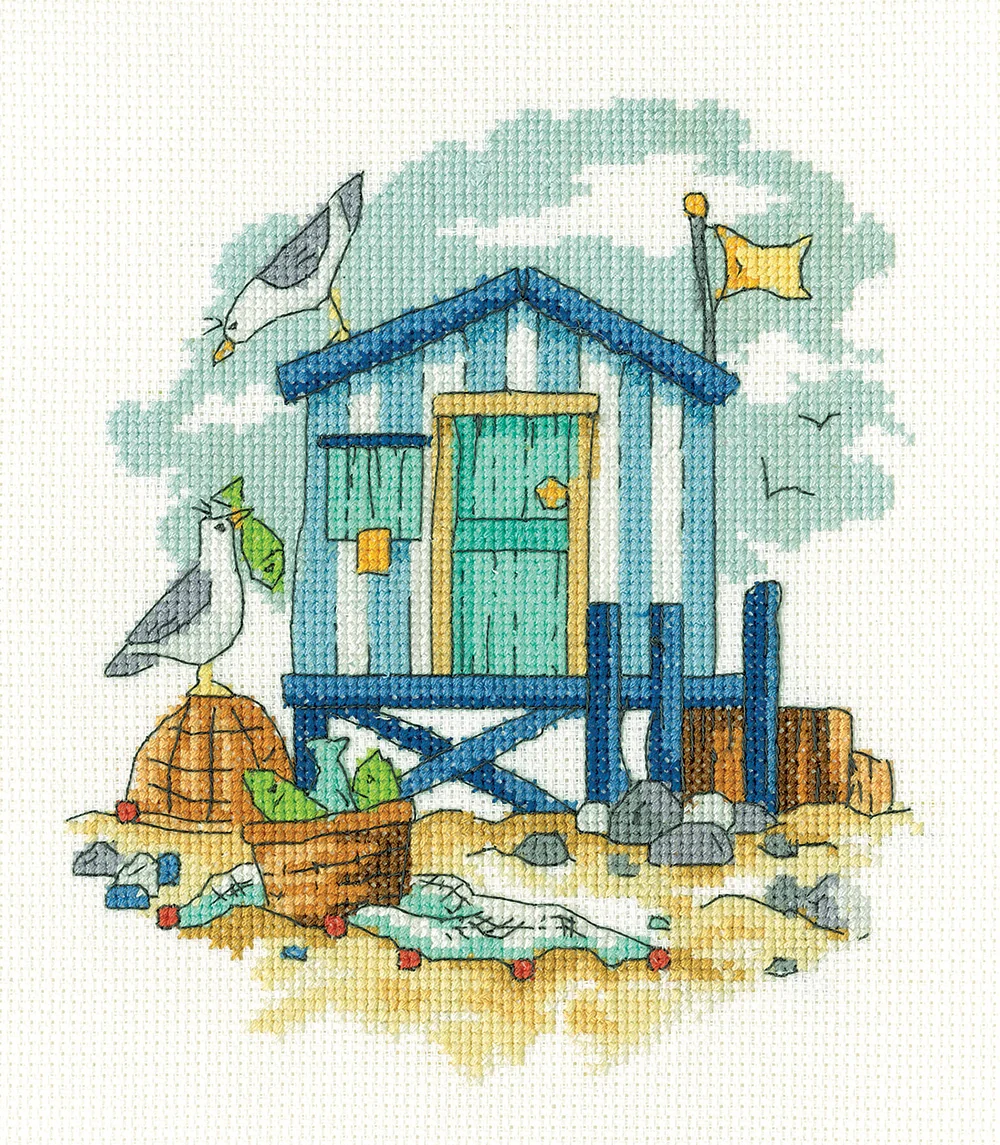 By The Sea - Blue Beach Hut Heritage Crafts Cross Stitch Kit