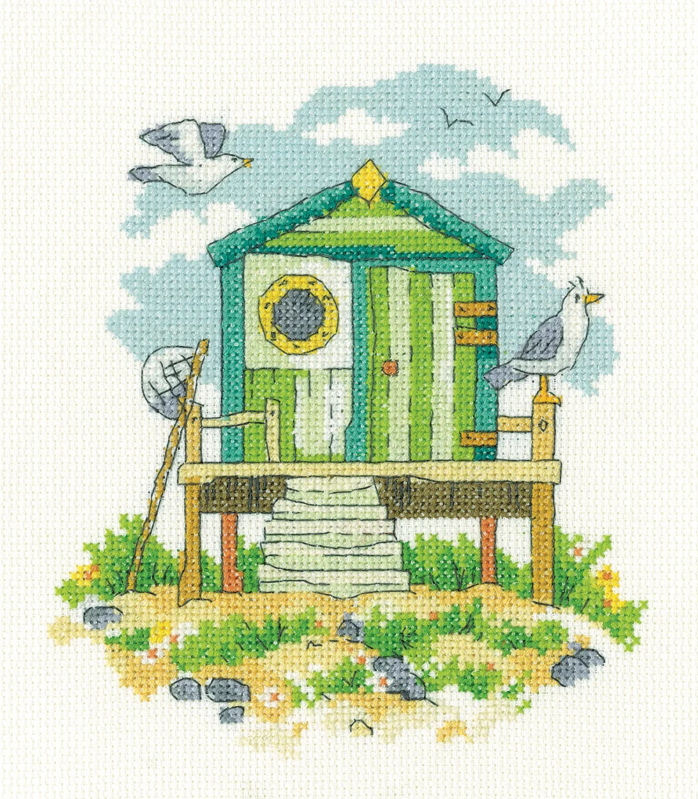 By The Sea -  Green Beach Hut Heritage Crafts Cross Stitch Kit