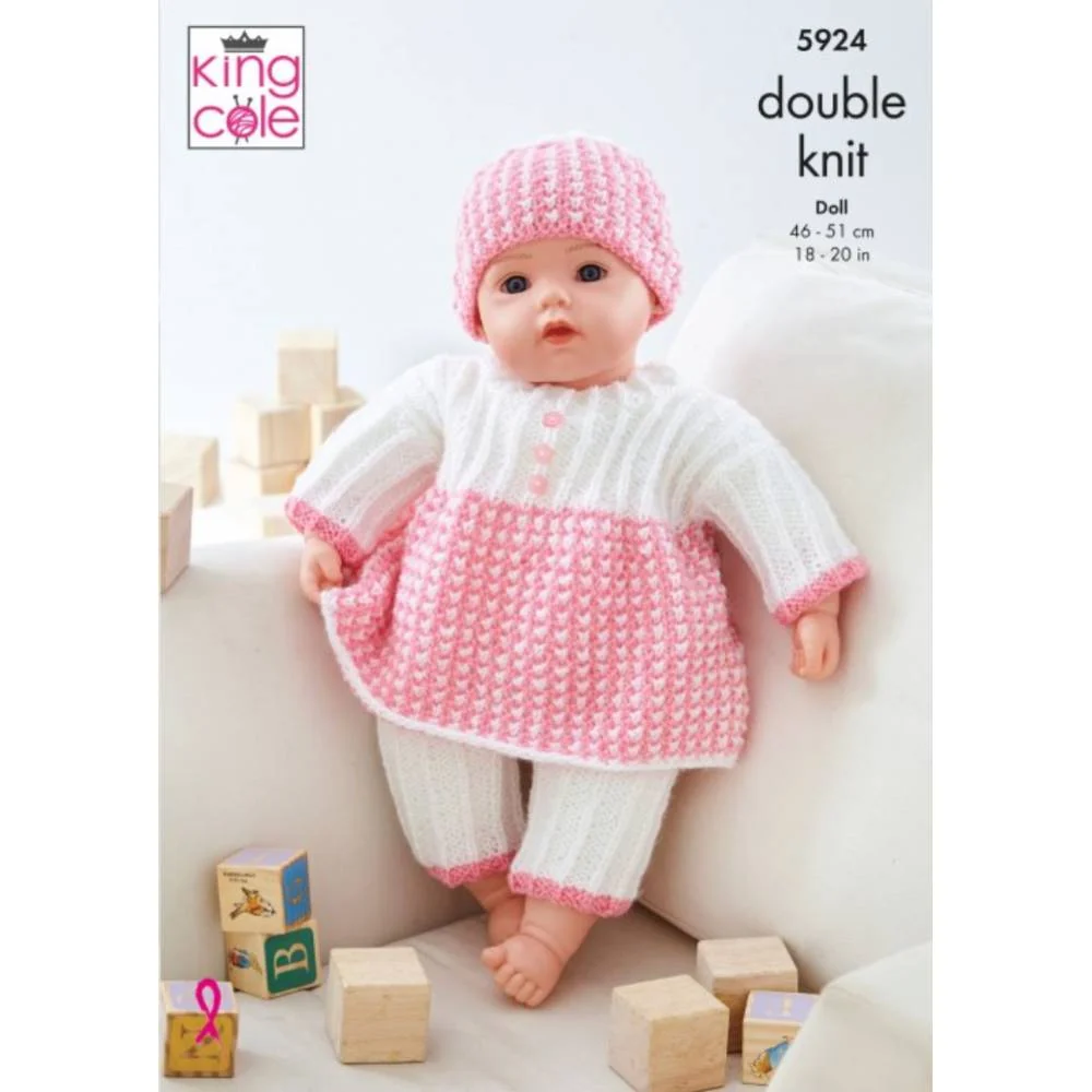 Dolls Clothes - Top, Pants, Hat, Bootees, Jacket and Helmet Knitted in King Cole DK
