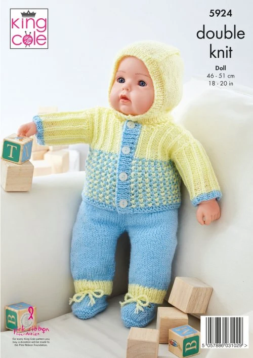 Dolls Clothes - Top, Pants, Hat, Bootees, Jacket and Helmet Knitted in King Cole DK - Image 3
