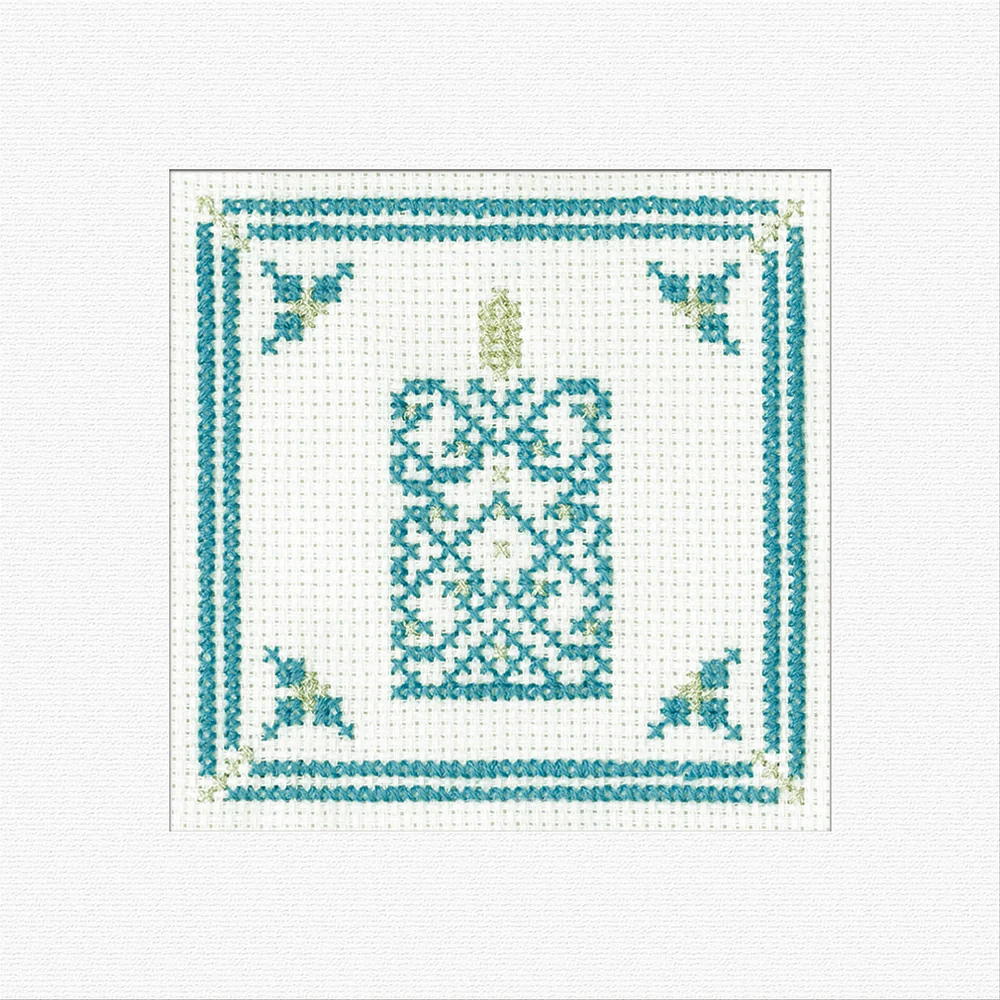 Filigree Christmas Candle Teal Greetings Card - Heritage Crafts Cross Stitch Kit