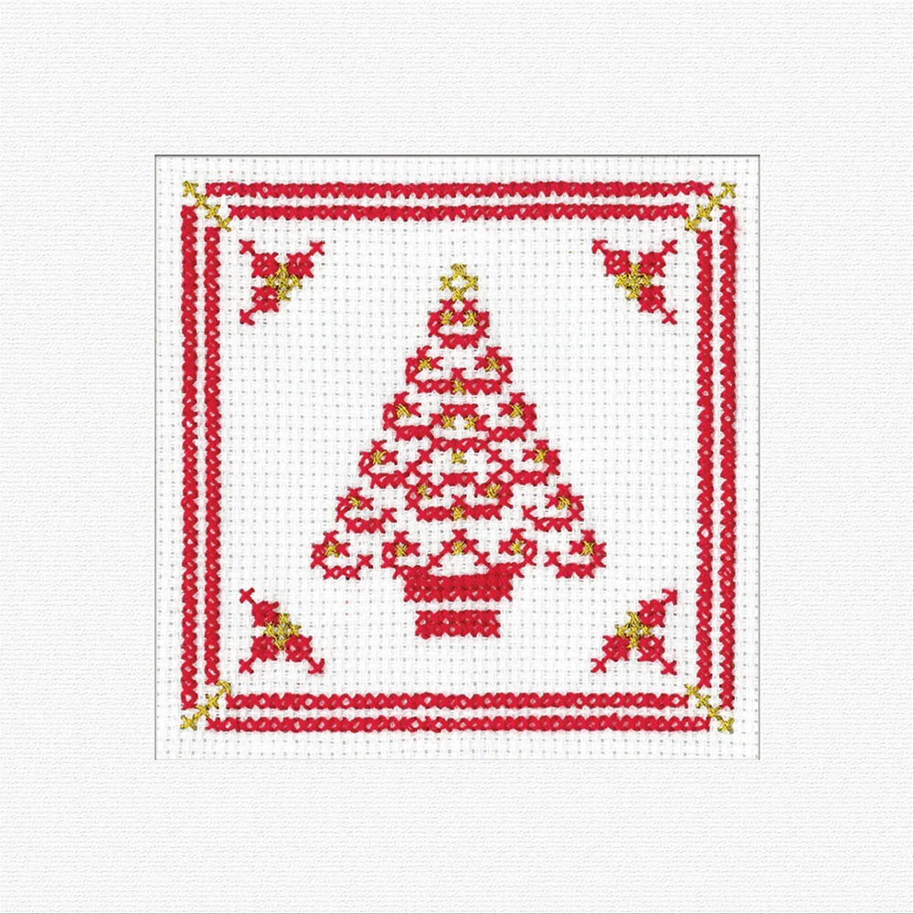 Filigree Christmas Tree Red Greetings Card - Heritage Crafts Cross Stitch Kit