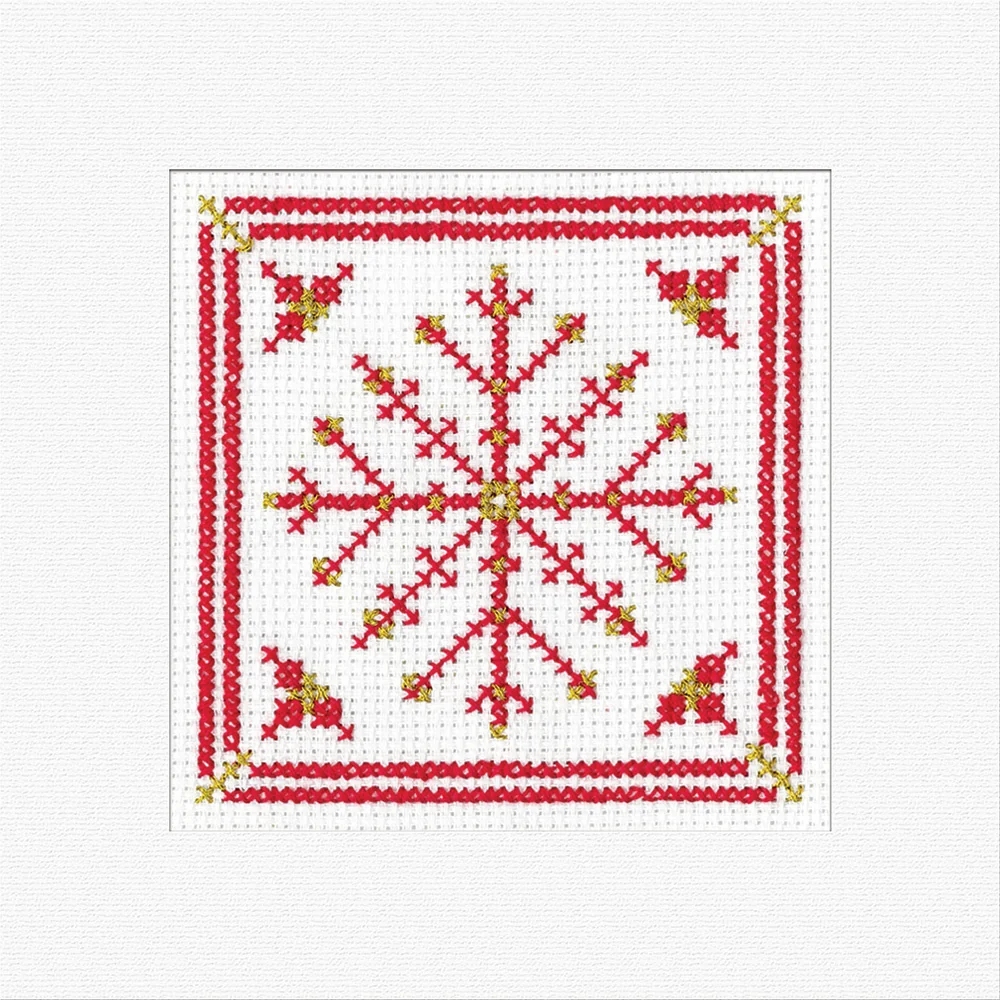 Filigree Snowflake Red Greetings Card - Heritage Crafts Cross Stitch Kit
