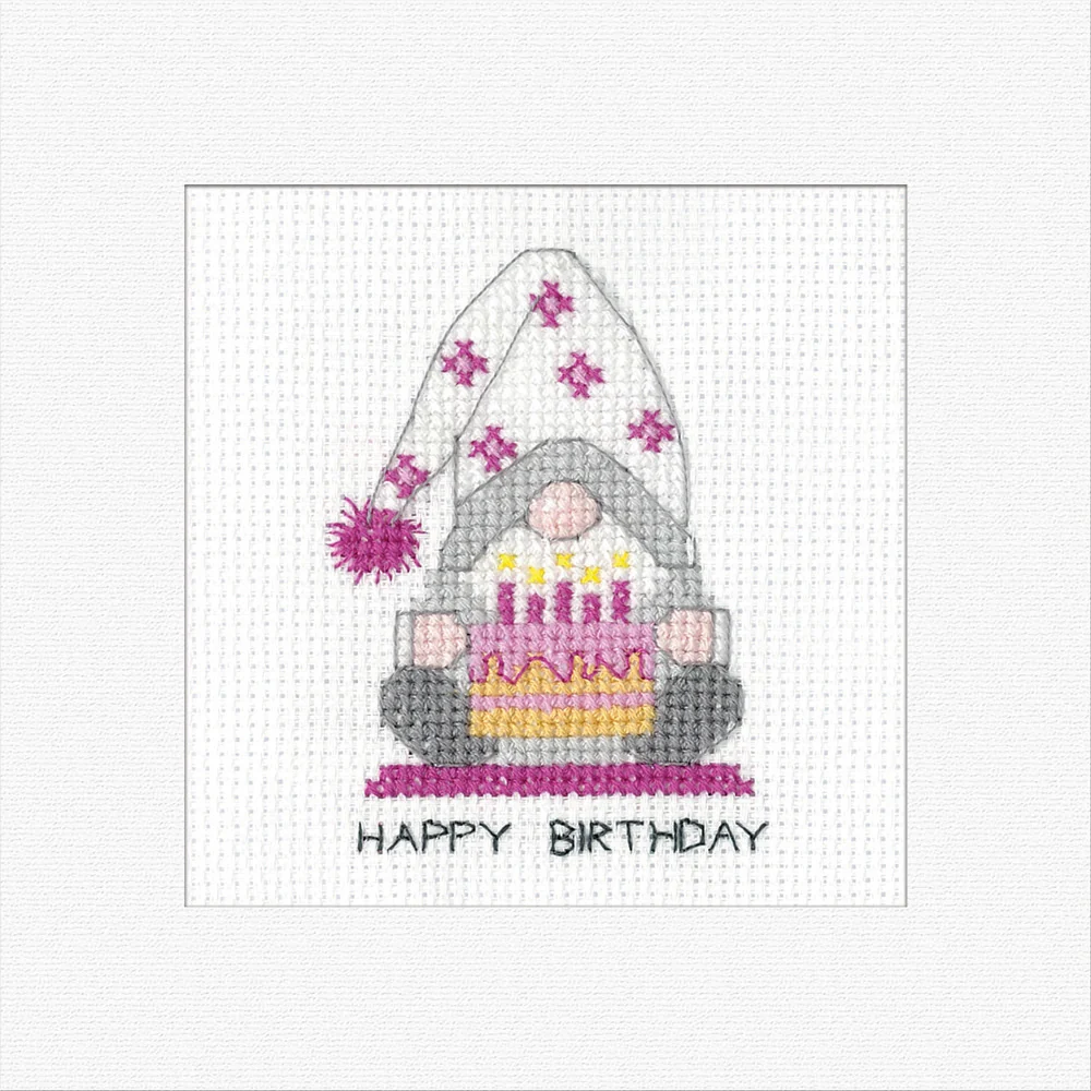 Gonk Birthday Cake Girl Greetings Card - Heritage Crafts Cross Stitch Kit