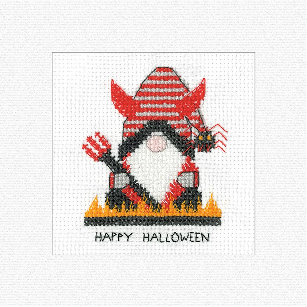 Gonk Devil Halloween Greetings Card - Heritage Crafts Cross Stitch Kit