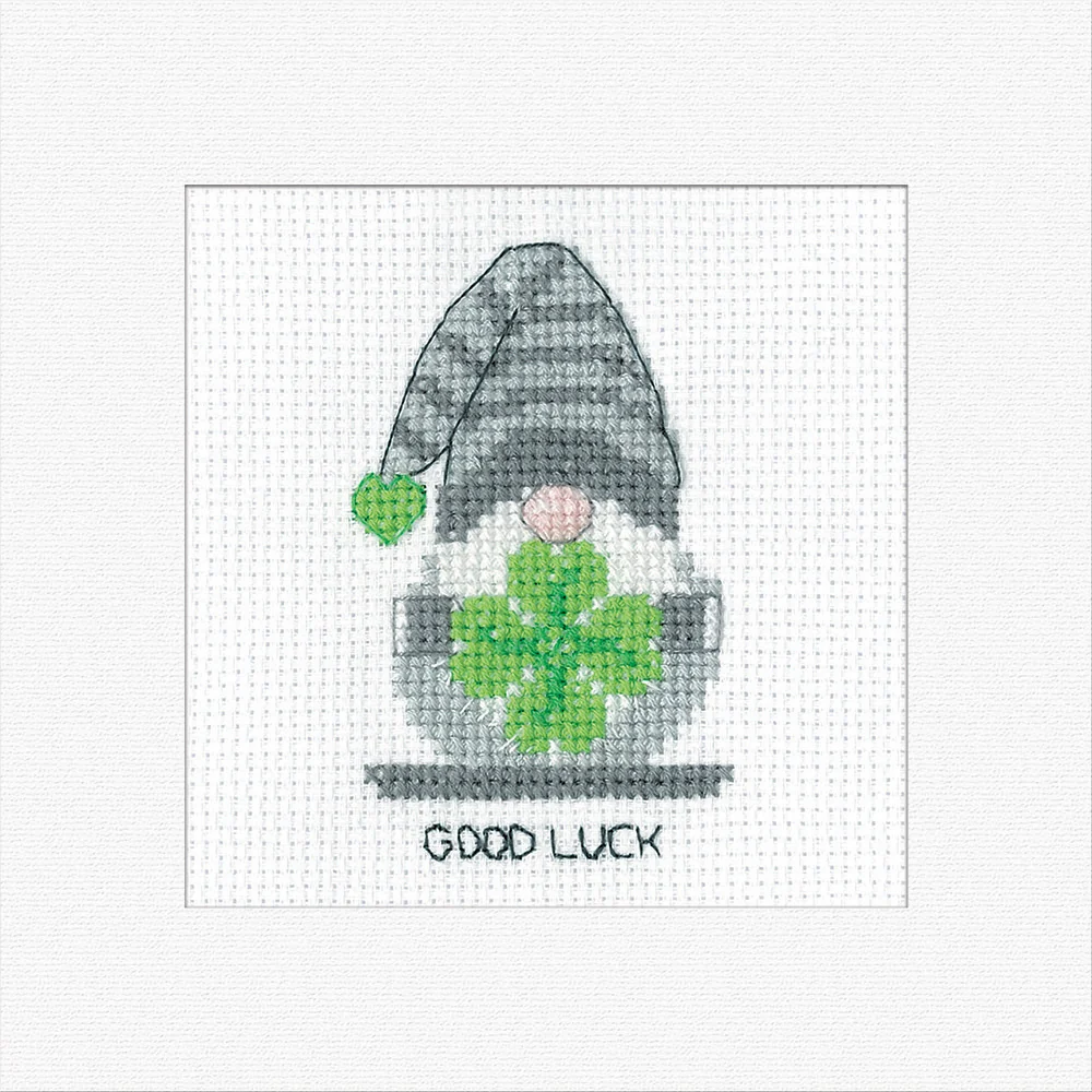 Gonk Good Luck Greetings Card - Heritage Crafts Cross Stitch Kit