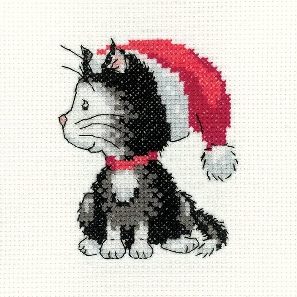 Heritage Crafts Cross Stitch Kit - Black and White Christmas Kitten