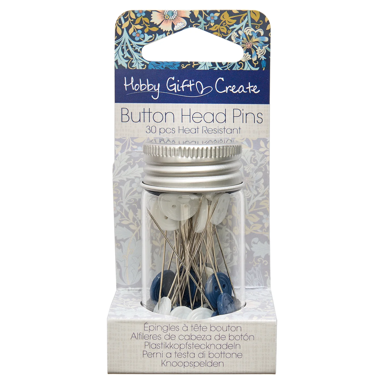 Hobby Gift Button Head Pins In Jar 30 Pieces - Woodblock Floral - Image 2