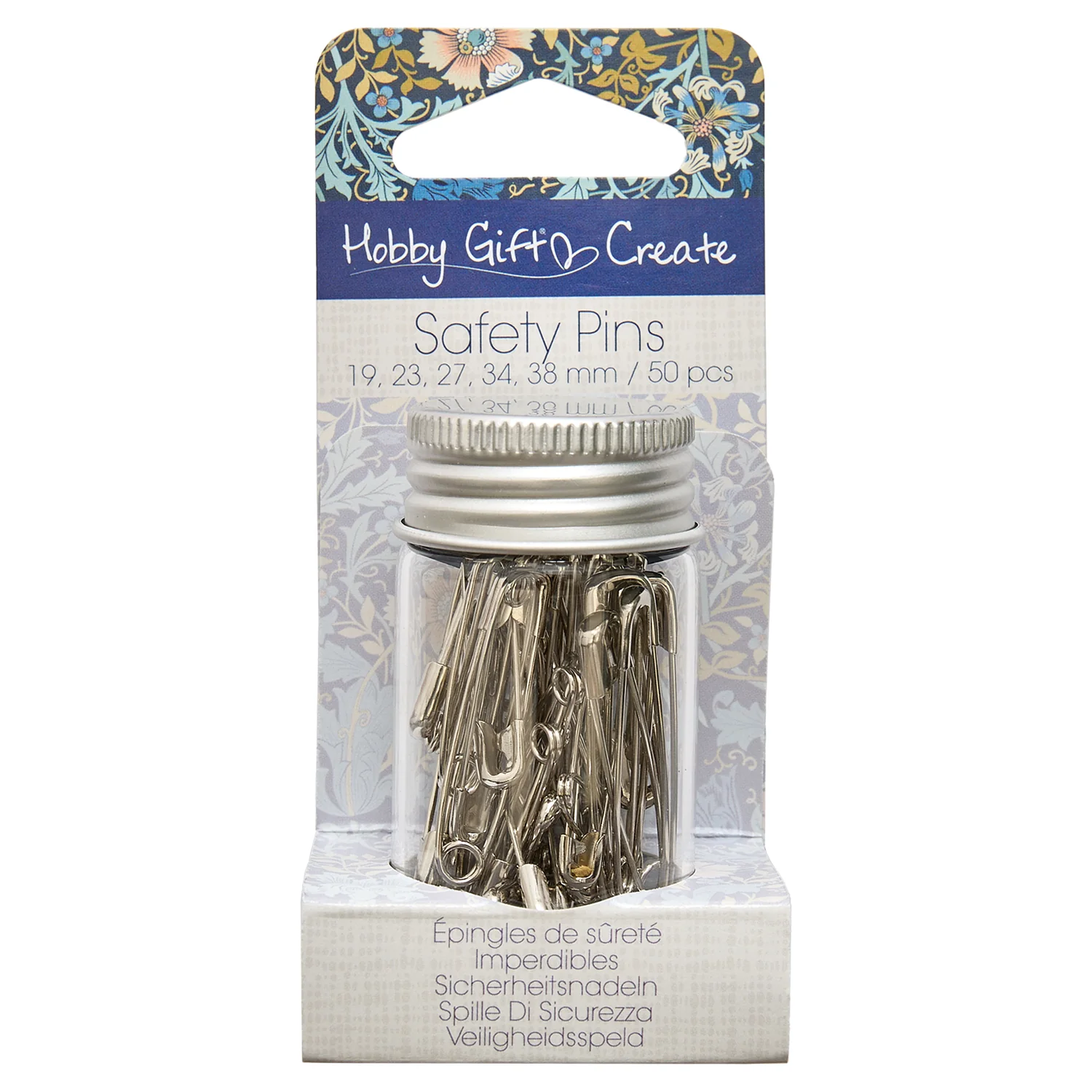 Hobby Gift Safety Pins In Jar Assorted 50 Pieces - Woodblock Floral - Image 2