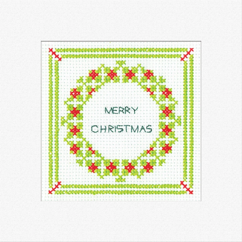 Holly Wreath Greetings Card - Heritage Crafts Cross Stitch Kit