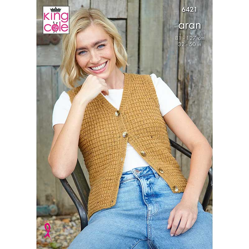 Ladies’ Waistcoats knitted in King Cole Homespun Aran