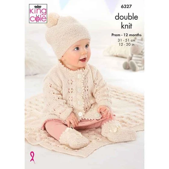 Matinee Coat, Cardigan, Hats, Bootees and Blanket knitted in King Cole Glitz DK