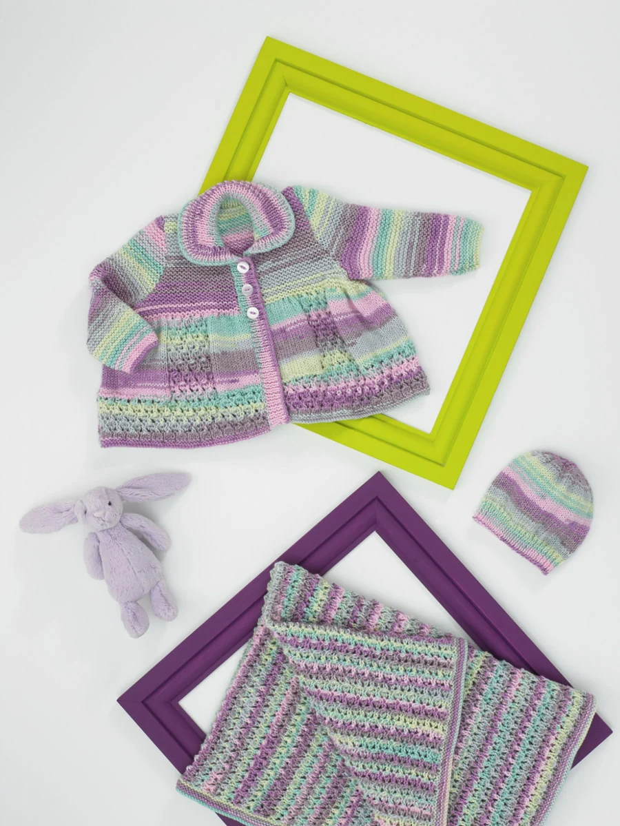 Matinee Coat, Hat and Blanket in James C Brett Baby Twinkle Print DK JB683